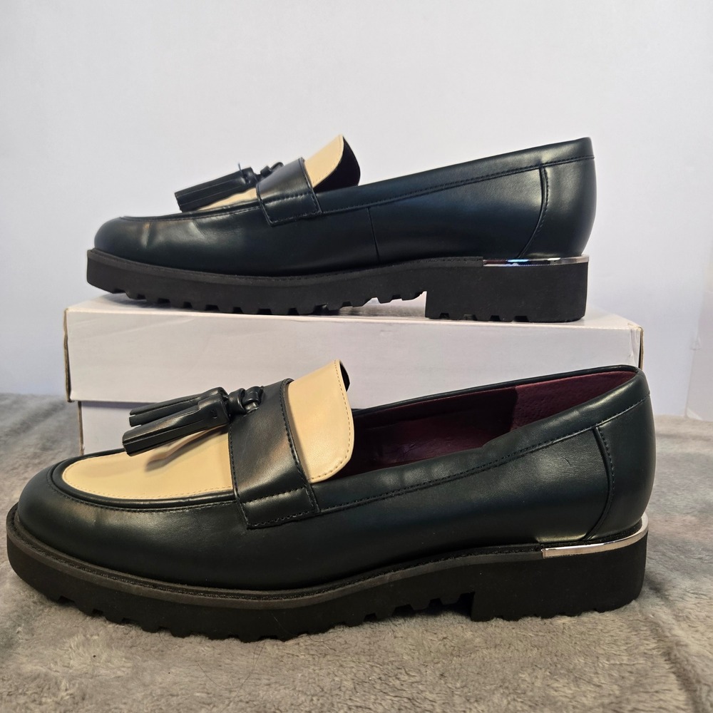 Franco Sarto Balin Womens 12 Dark Green Cream Two Tone Tassel Lug Sole Loafers